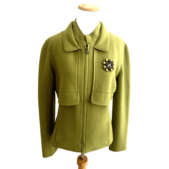 Per Se Jacket 10 Yellow-Green Boiled Wool Full-Zip Brooch Pin Adornment Pockets - Picture 2 of 7